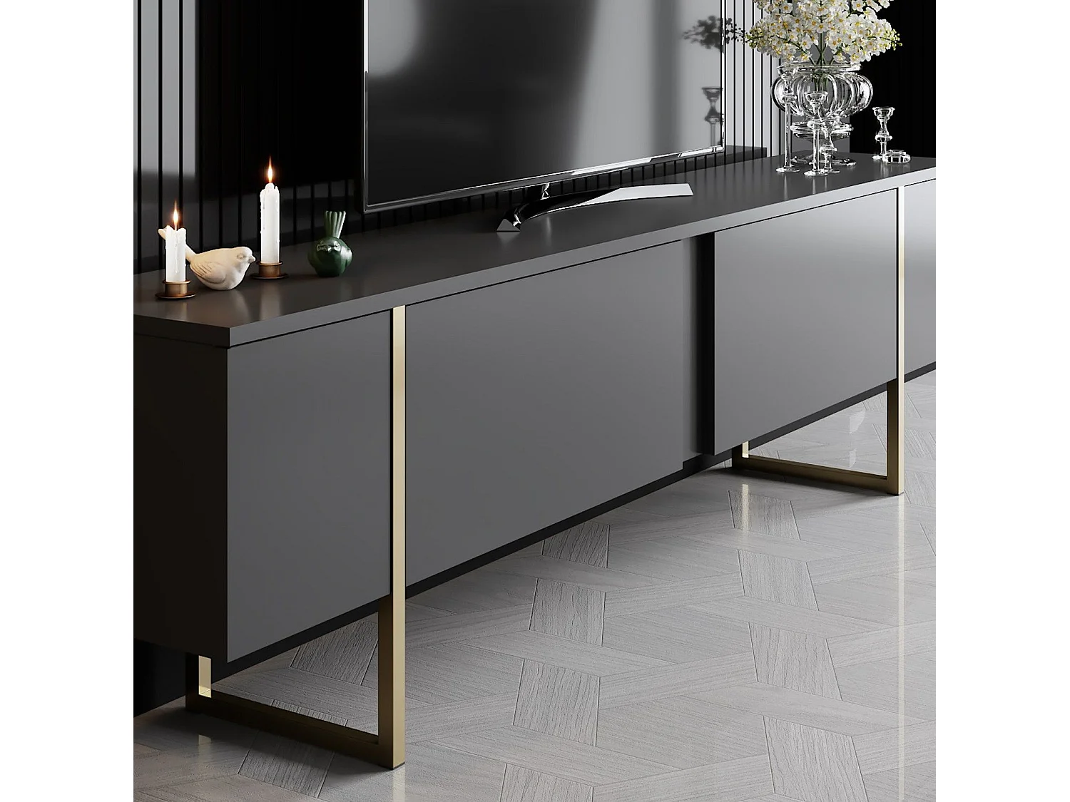 TV-Ständer – 180 x 30 x 50 cm – Anthrazit und Gold – Spanplatte