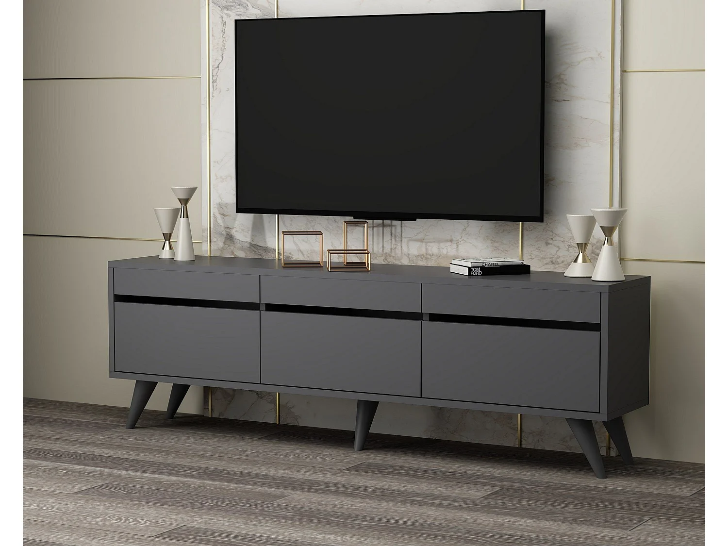 TV-Ständer – 150 x 30 x 48 cm – Anthrazit – Melaminbeschichtete Spanplatte