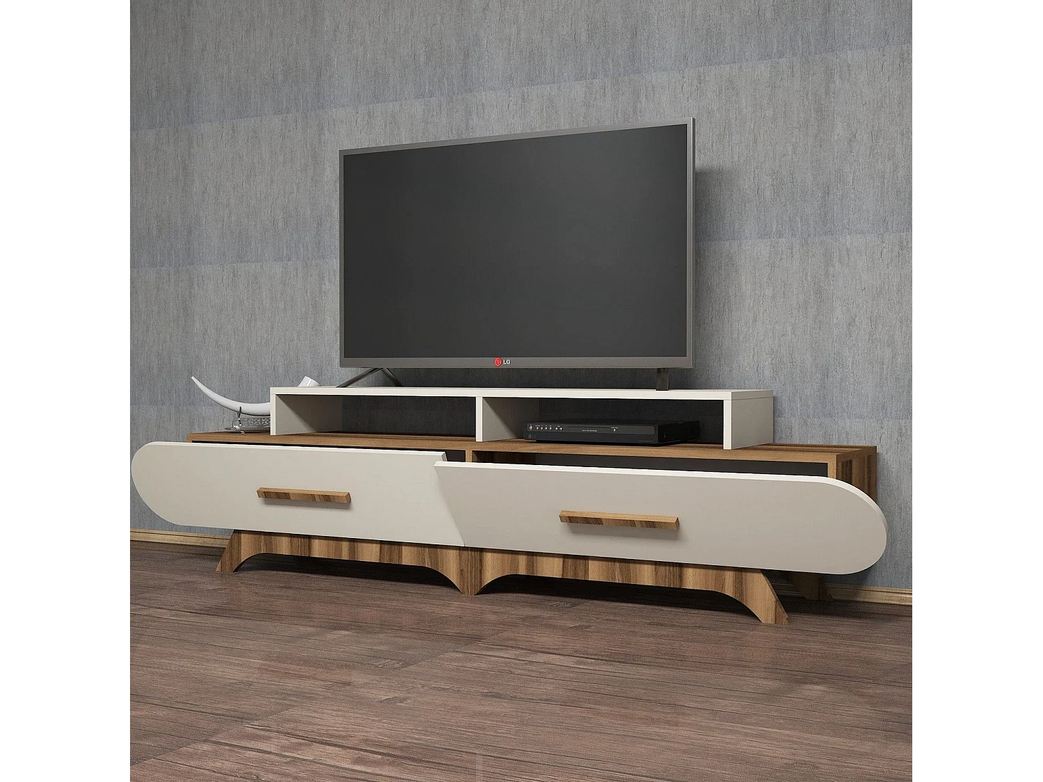 Meuble TV façade ovale Ellipsis 205cm Panneau Bois Naturel Blanc créme