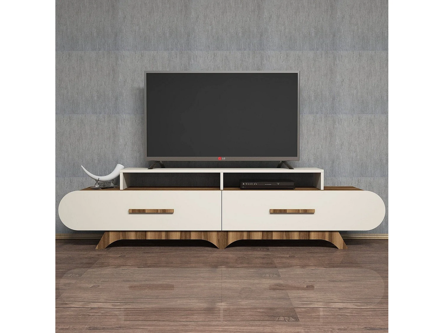 Meuble TV façade ovale Ellipsis 205cm Panneau Bois Naturel Blanc créme