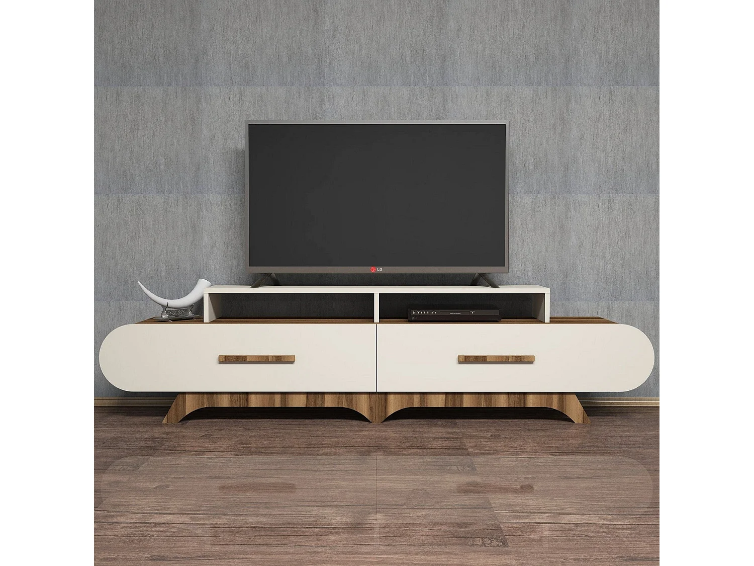 Meuble TV façade ovale Ellipsis 205cm Panneau Bois Naturel Blanc créme