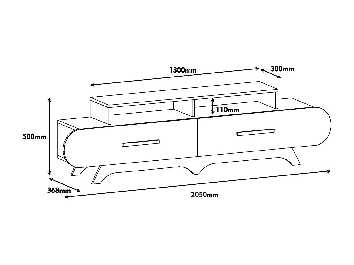 Meuble TV façade ovale Ellipsis 205cm Panneau Bois Naturel Blanc créme