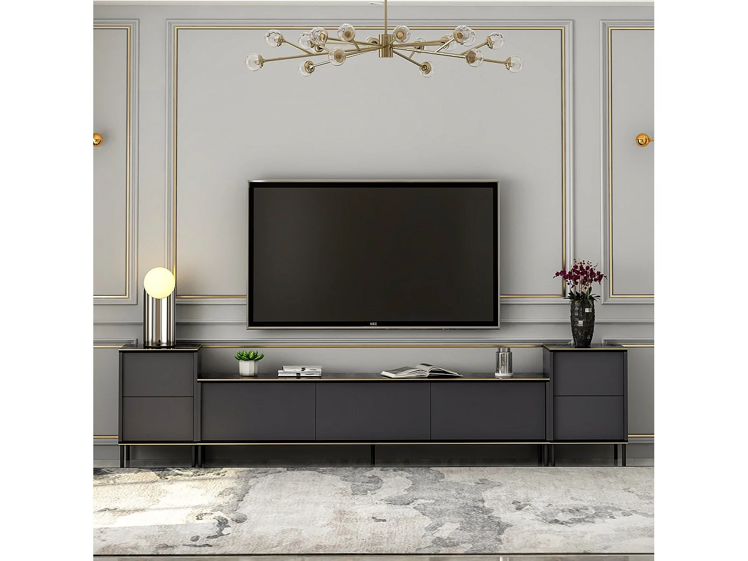 Ensemble meuble TV et 2 tables d'appoints Shonna Anthracite et Effet marbre Noir avec finition Or