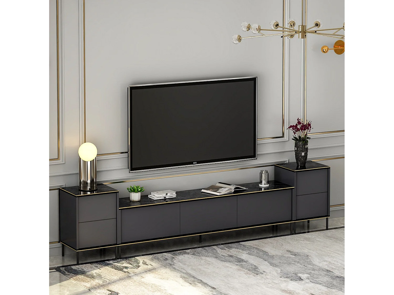Ensemble meuble TV et 2 tables d'appoints Shonna Anthracite et Effet marbre Noir avec finition Or