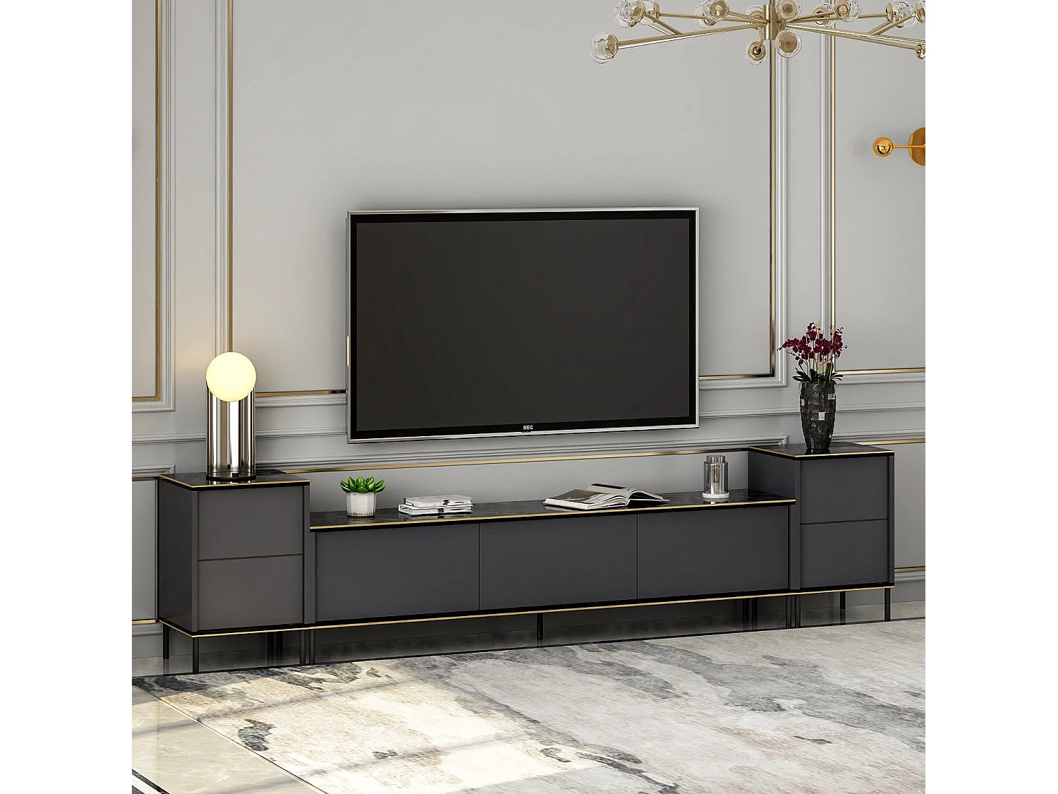 TV-Ständer – 180 cm breit, 45,2 cm hoch, 35 cm tief – Anthrazit – Melamin