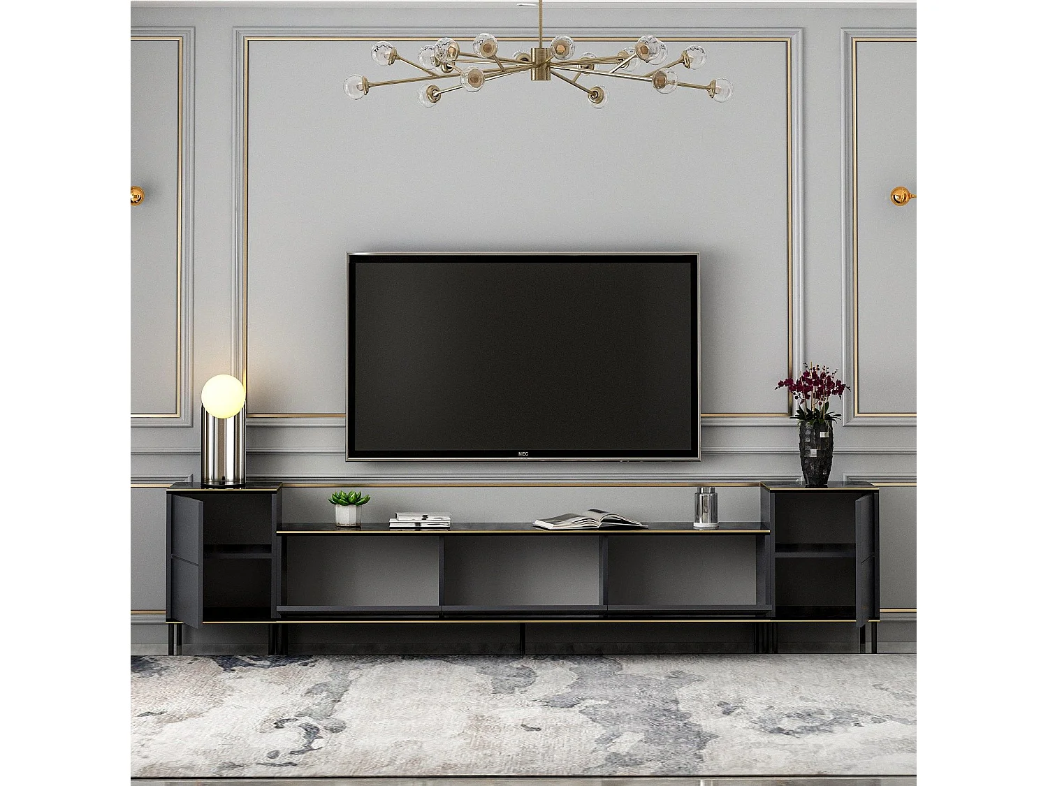 TV-Ständer – 180 cm breit, 45,2 cm hoch, 35 cm tief – Anthrazit – Melamin