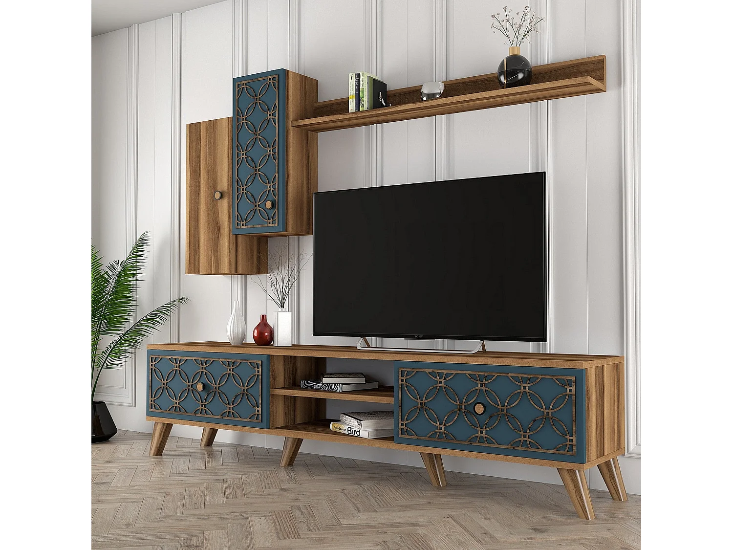 Mueble de TV moderno – 180 cm – Nogal y Calcedonia – MDF recubierto de melamina