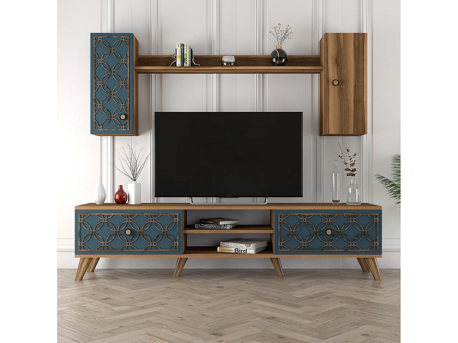 Mueble de TV moderno – 180 cm – Nogal y Calcedonia – MDF recubierto de melamina