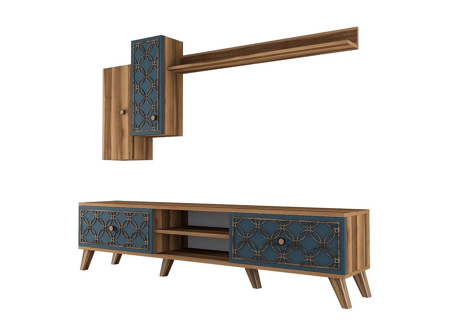 Mueble de TV moderno – 180 cm – Nogal y Calcedonia – MDF recubierto de melamina