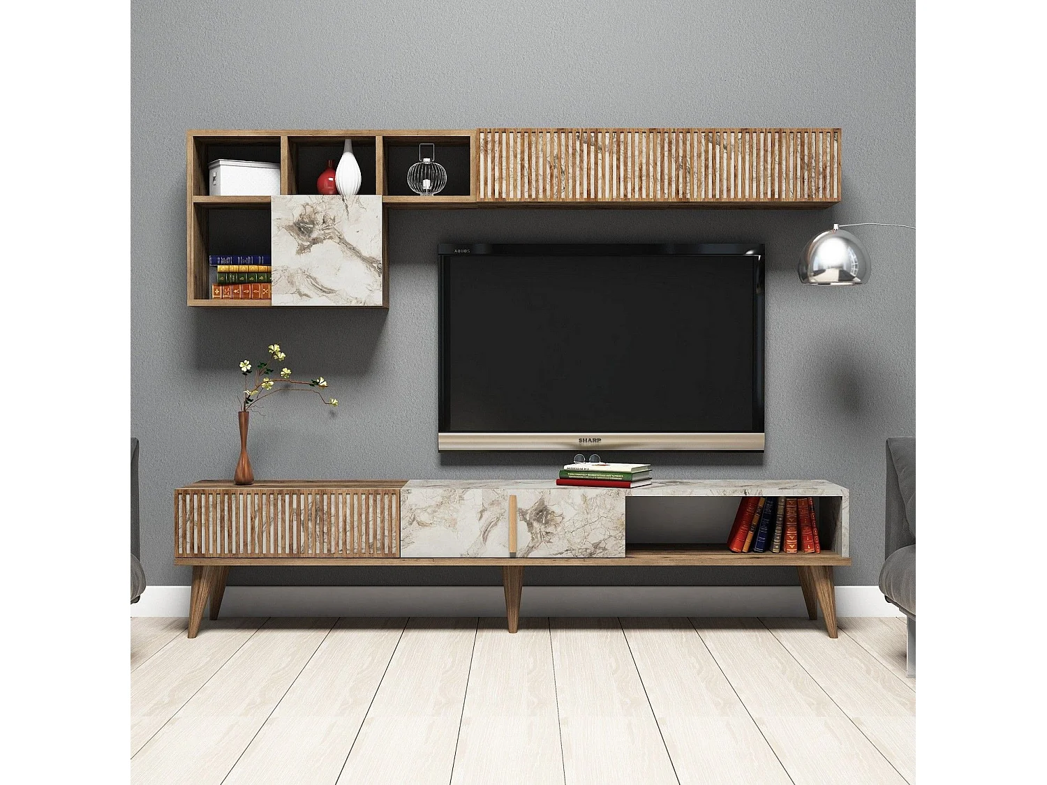 Moderne tv-standaard – 180 cm – Walnoot en wit – 100% melamine