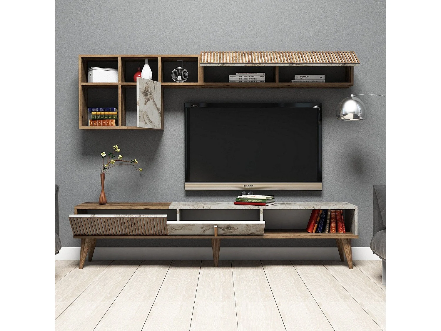 Moderne tv-standaard – 180 cm – Walnoot en wit – 100% melamine