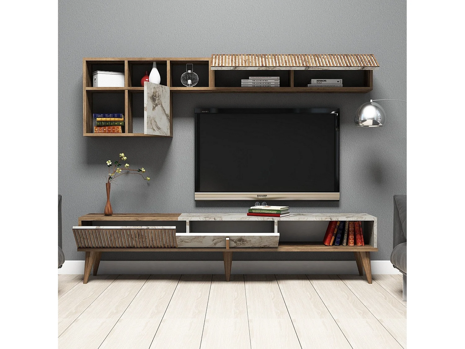 Moderne tv-standaard – 180 cm – Walnoot en wit – 100% melamine