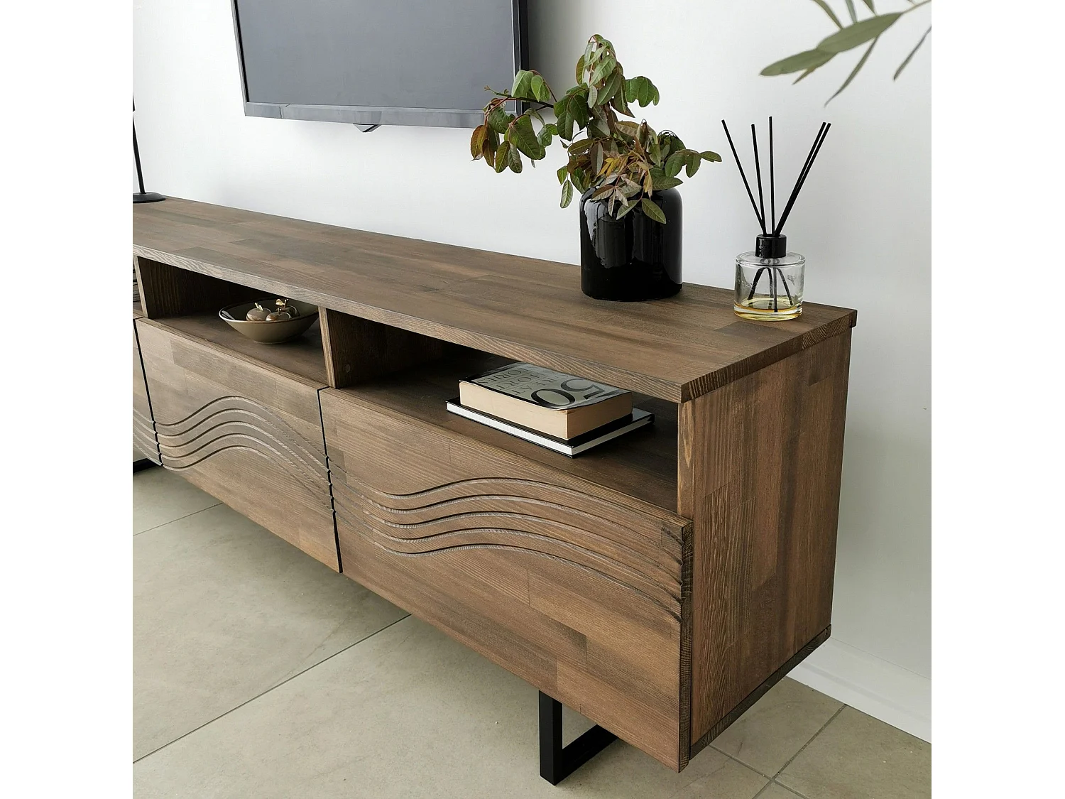 Ensemble meuble TV et 2 étagères murales Urtan Bois foncé Motif en vague