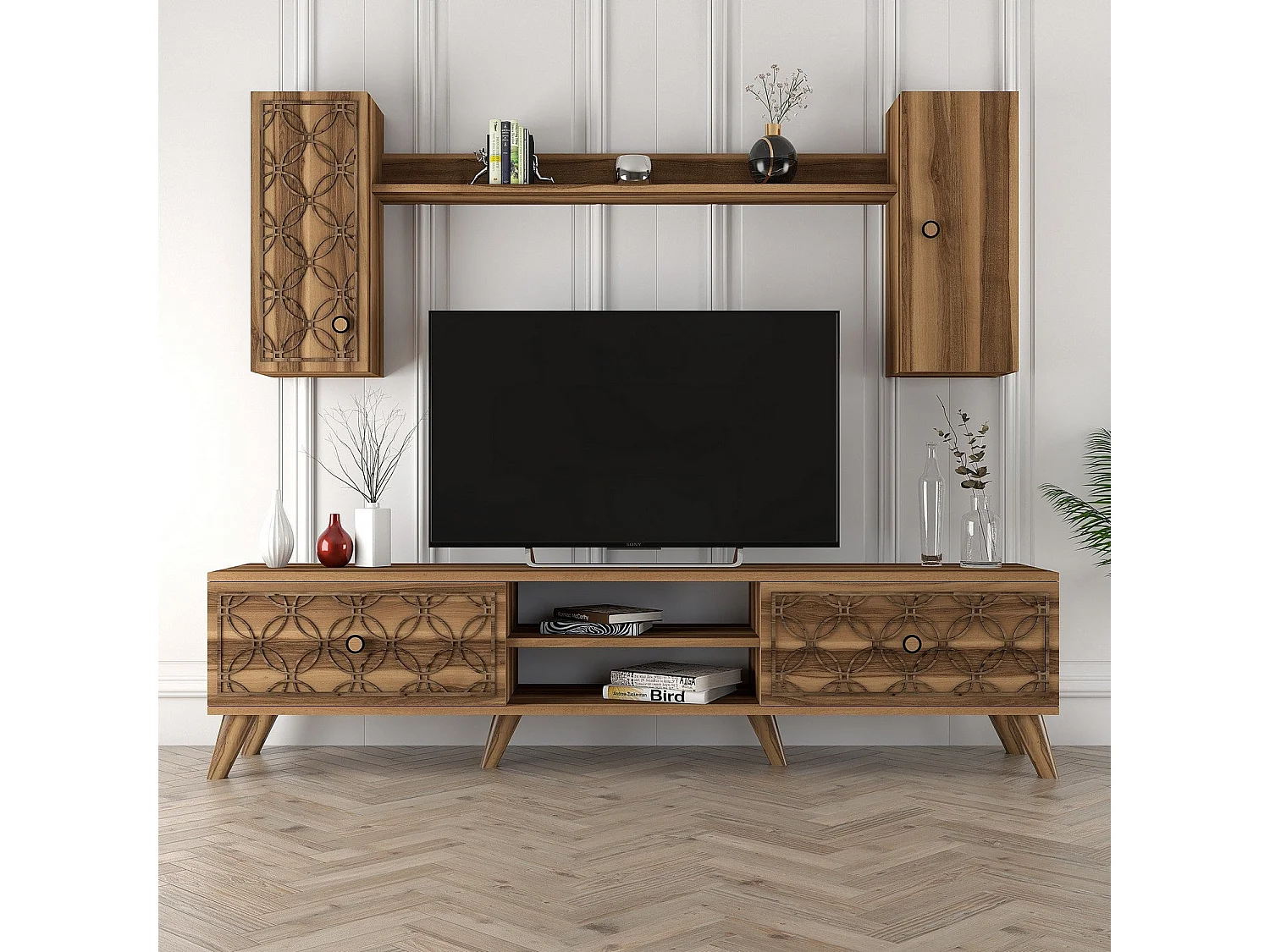 Mueble de TV moderno – 180x44x35 cm – Nogal – MDF recubierto de melamina