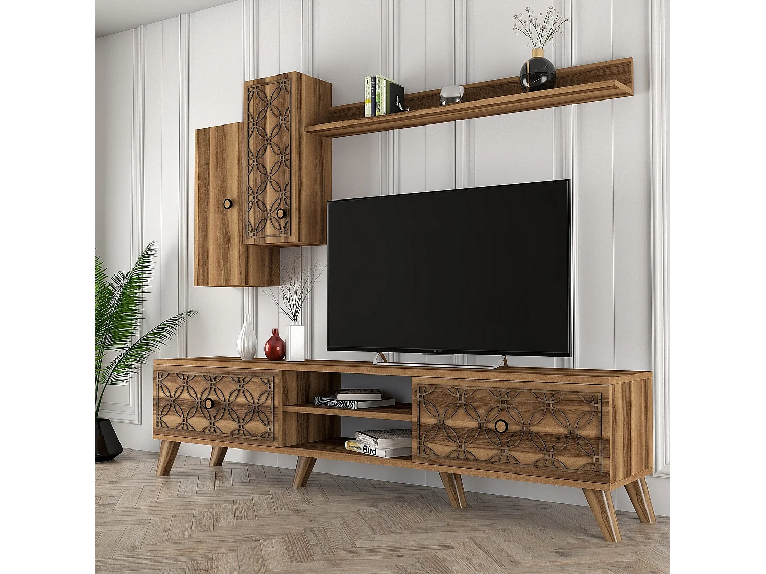 Moderner TV-Ständer – 180 x 44 x 35 cm – Walnuss – Melaminbeschichtetes MDF