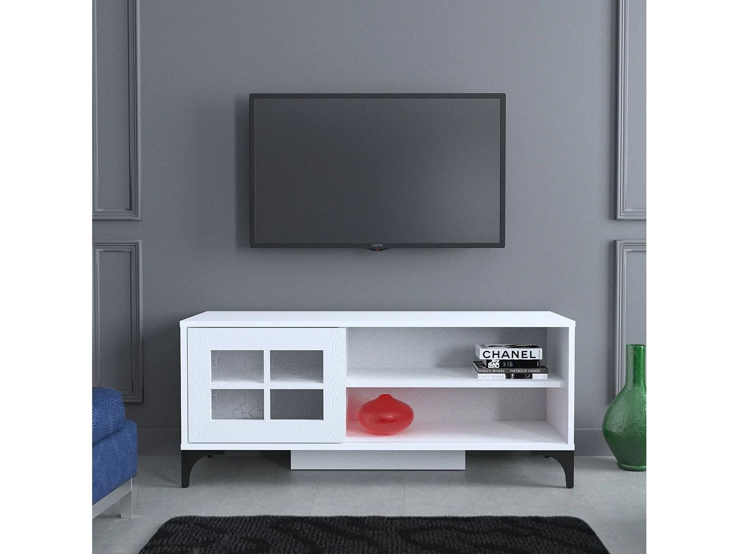 Stojak pod telewizor – 125 cm x 54 cm x 42 cm – Biały – Płyta wiórowa pokryta melaminą