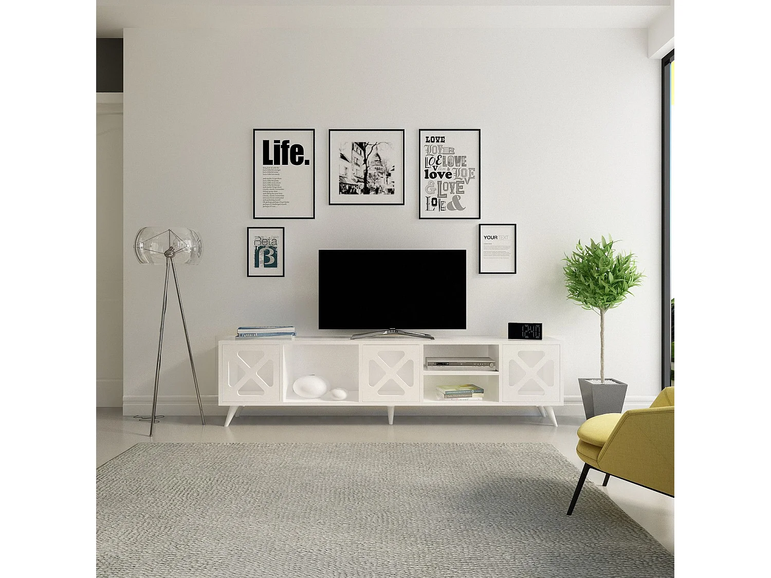 Móvel de TV moderno – 180 cm – Branco – Painel de partículas revestido de melamina