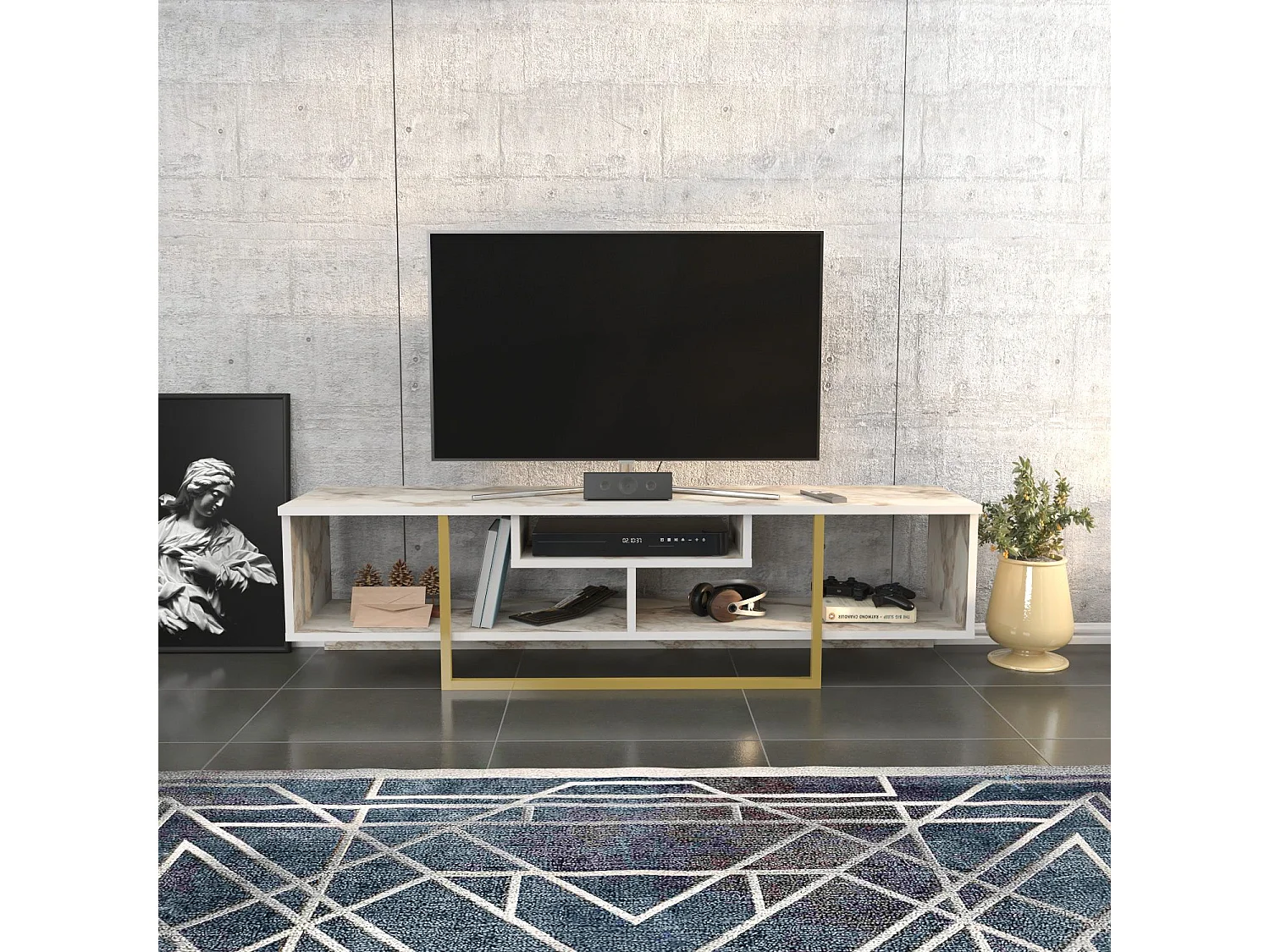 Meuble TV Nikolai 150cm Or et Blanc Effet marbre