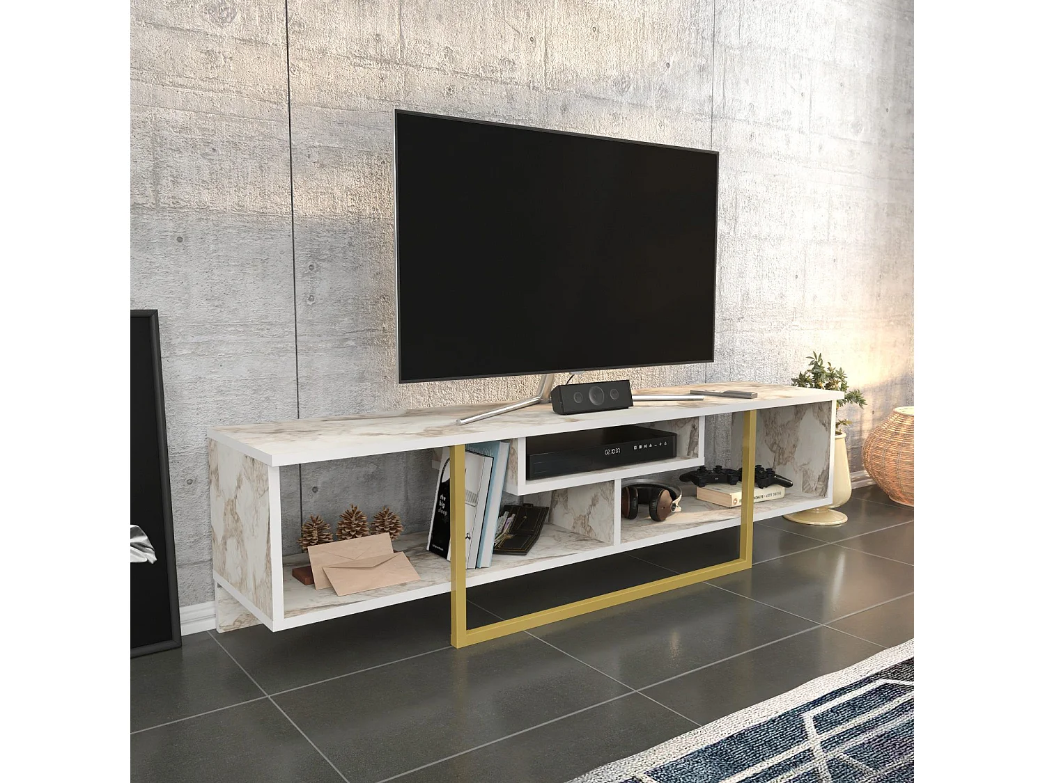 Meuble TV Nikolai 150cm Or et Blanc Effet marbre