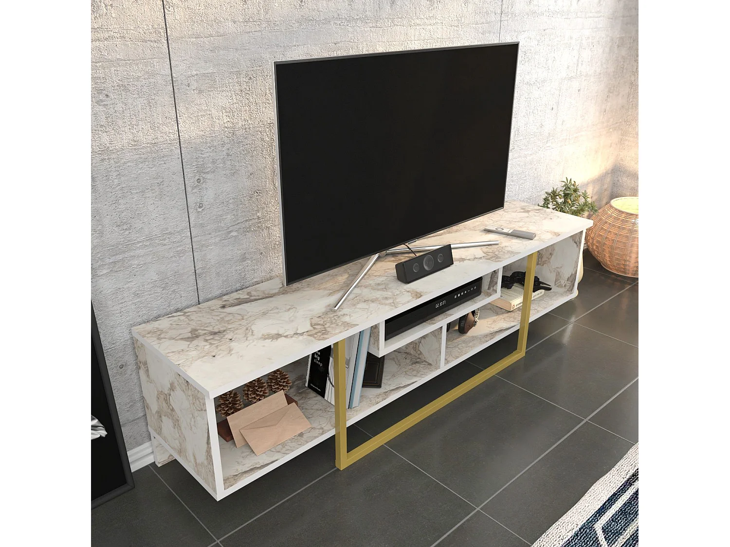 Meuble TV Nikolai 150cm Or et Blanc Effet marbre