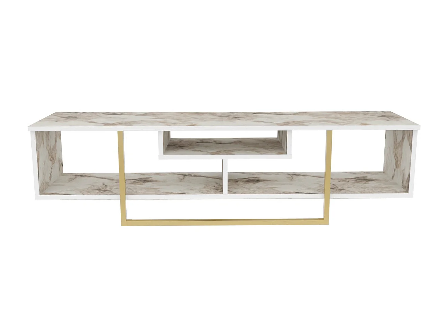 Meuble TV Nikolai 150cm Or et Blanc Effet marbre