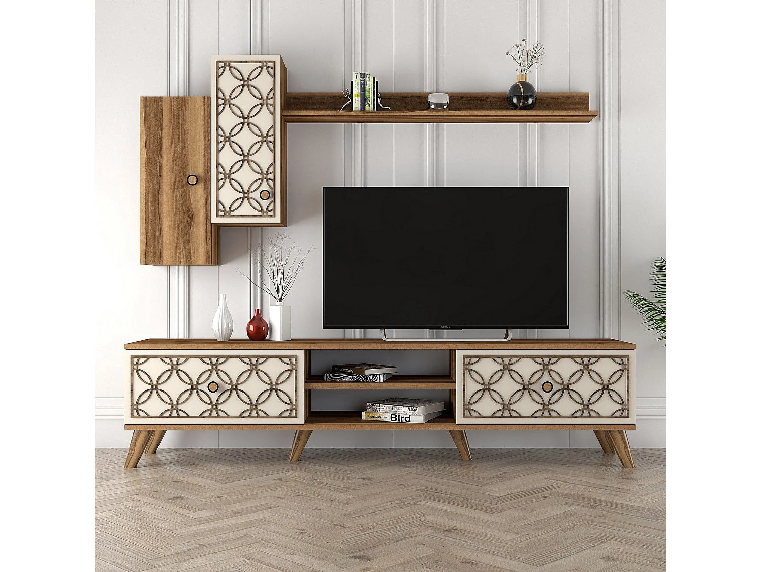 Mueble de TV moderno – 180 x 44 x 35 cm – Nogal y Crema – MDF recubierto de melamina