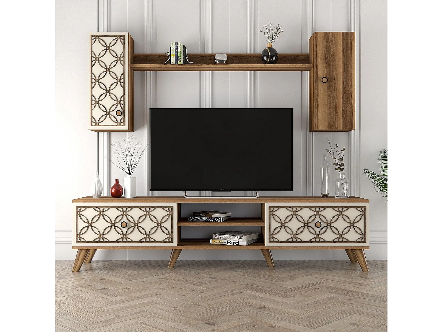 Mueble de TV moderno – 180 x 44 x 35 cm – Nogal y Crema – MDF recubierto de melamina