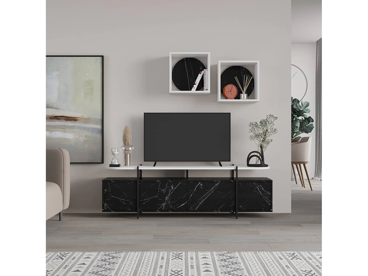 Meuble TV 4 portes battantes et 2 étagères murales Dunant Blanc et Noir effet marbre