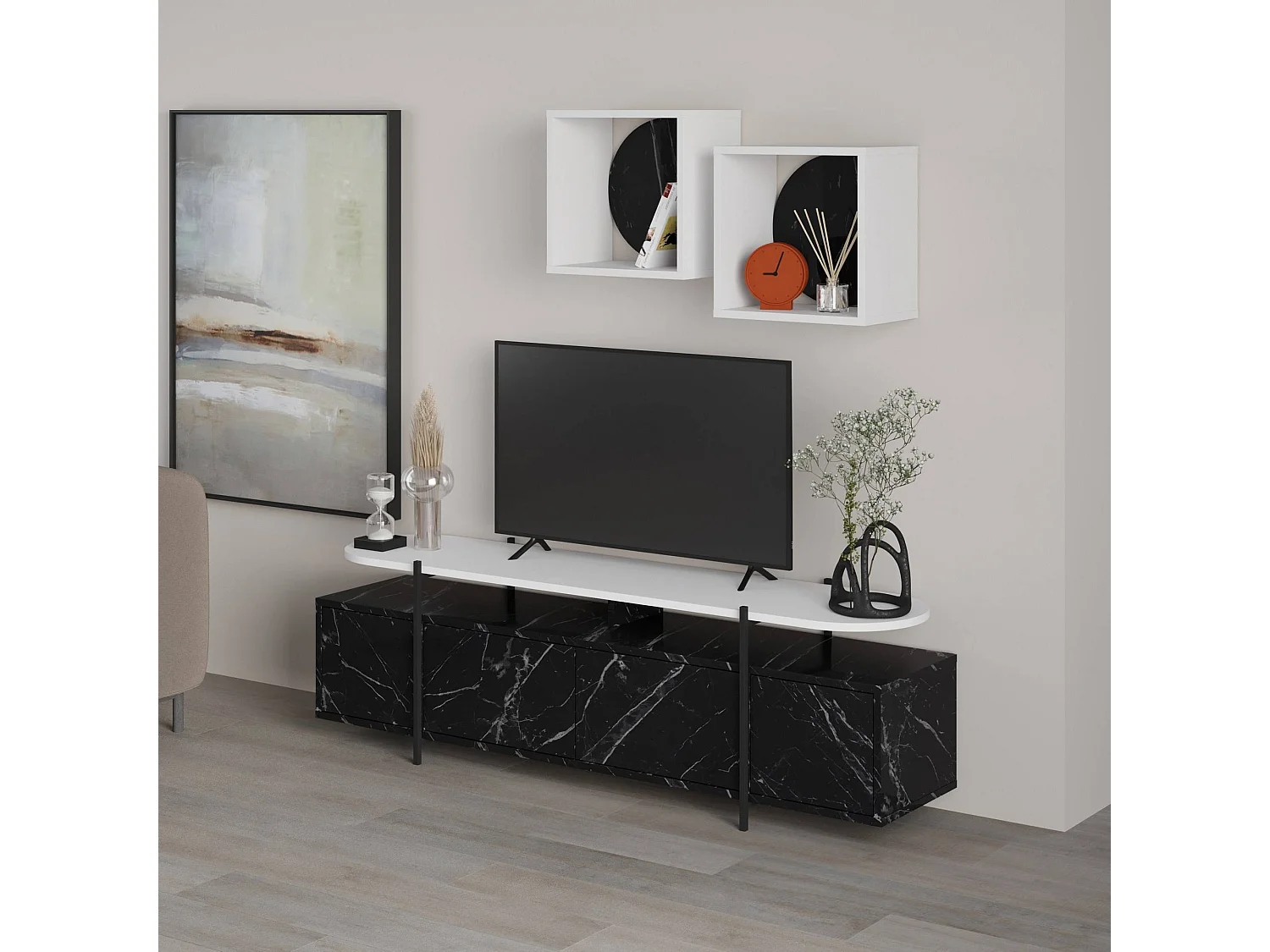 Meuble TV 4 portes battantes et 2 étagères murales Dunant Blanc et Noir effet marbre