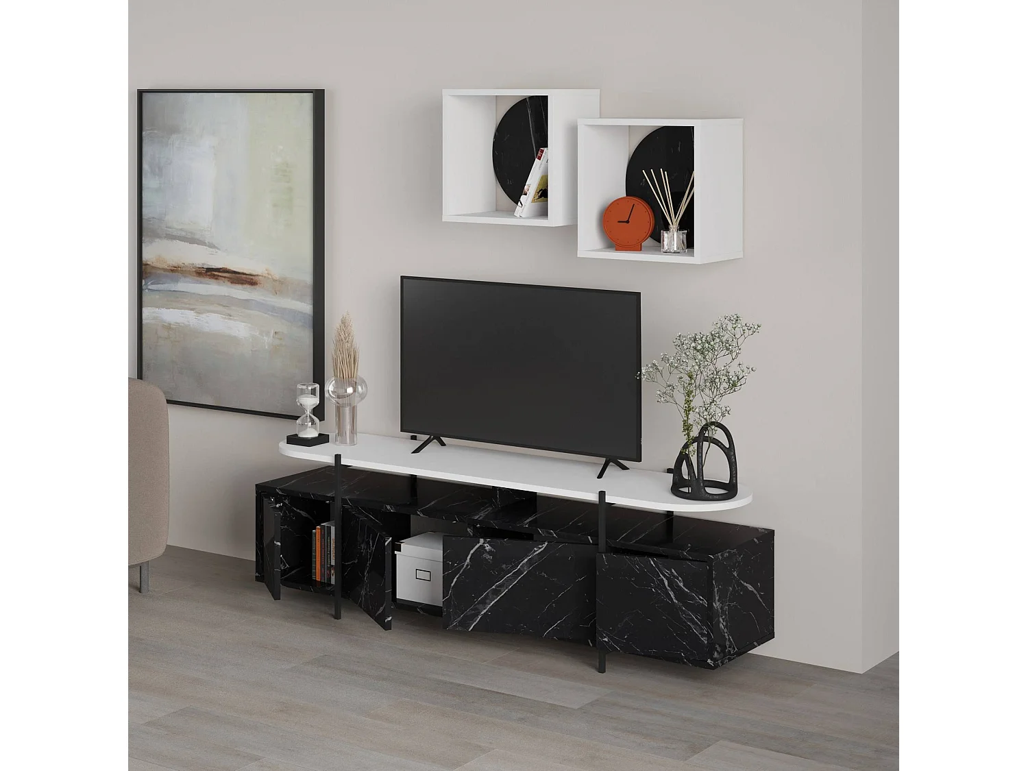 Meuble TV 4 portes battantes et 2 étagères murales Dunant Blanc et Noir effet marbre