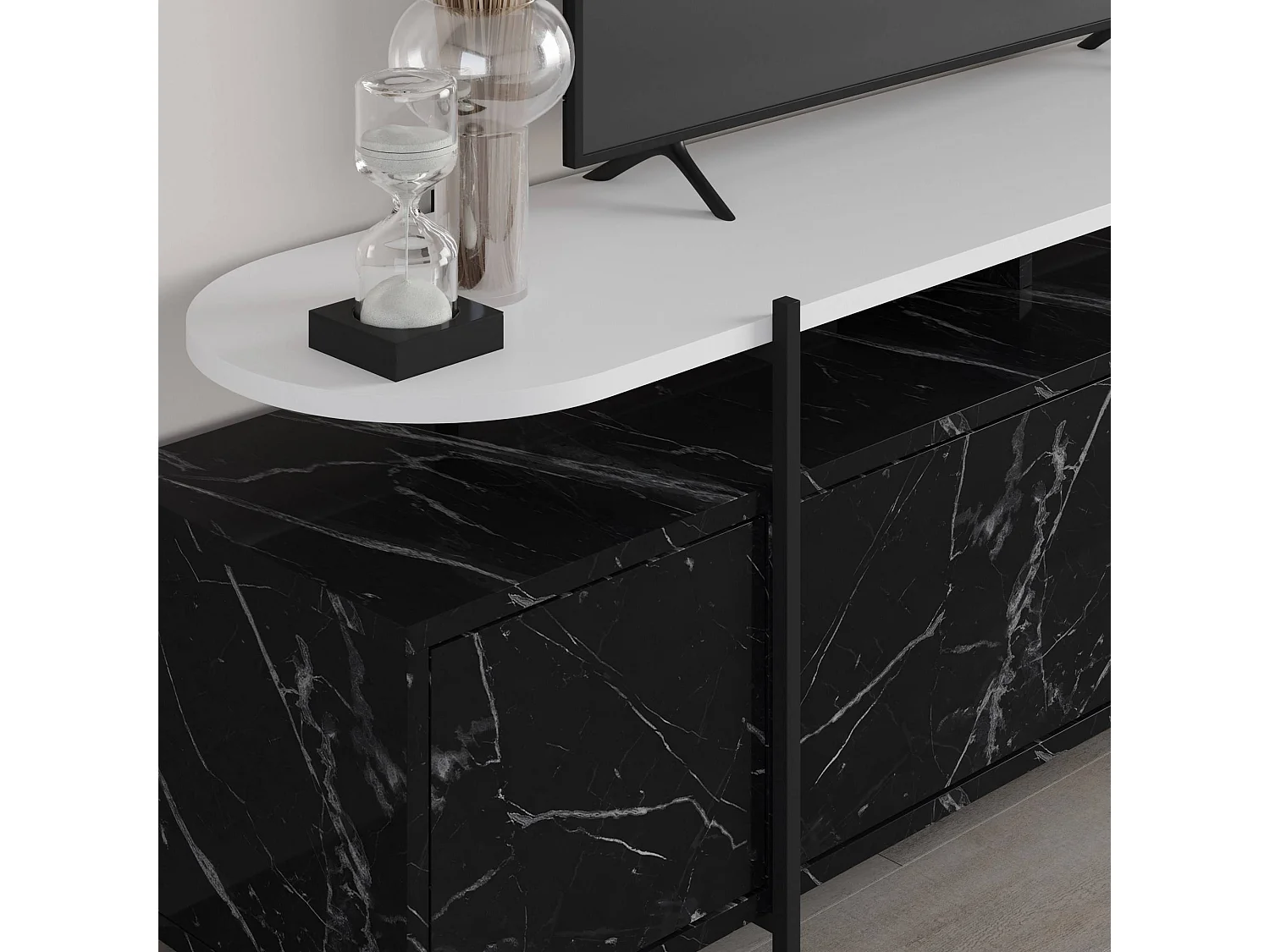 Meuble TV 4 portes battantes et 2 étagères murales Dunant Blanc et Noir effet marbre