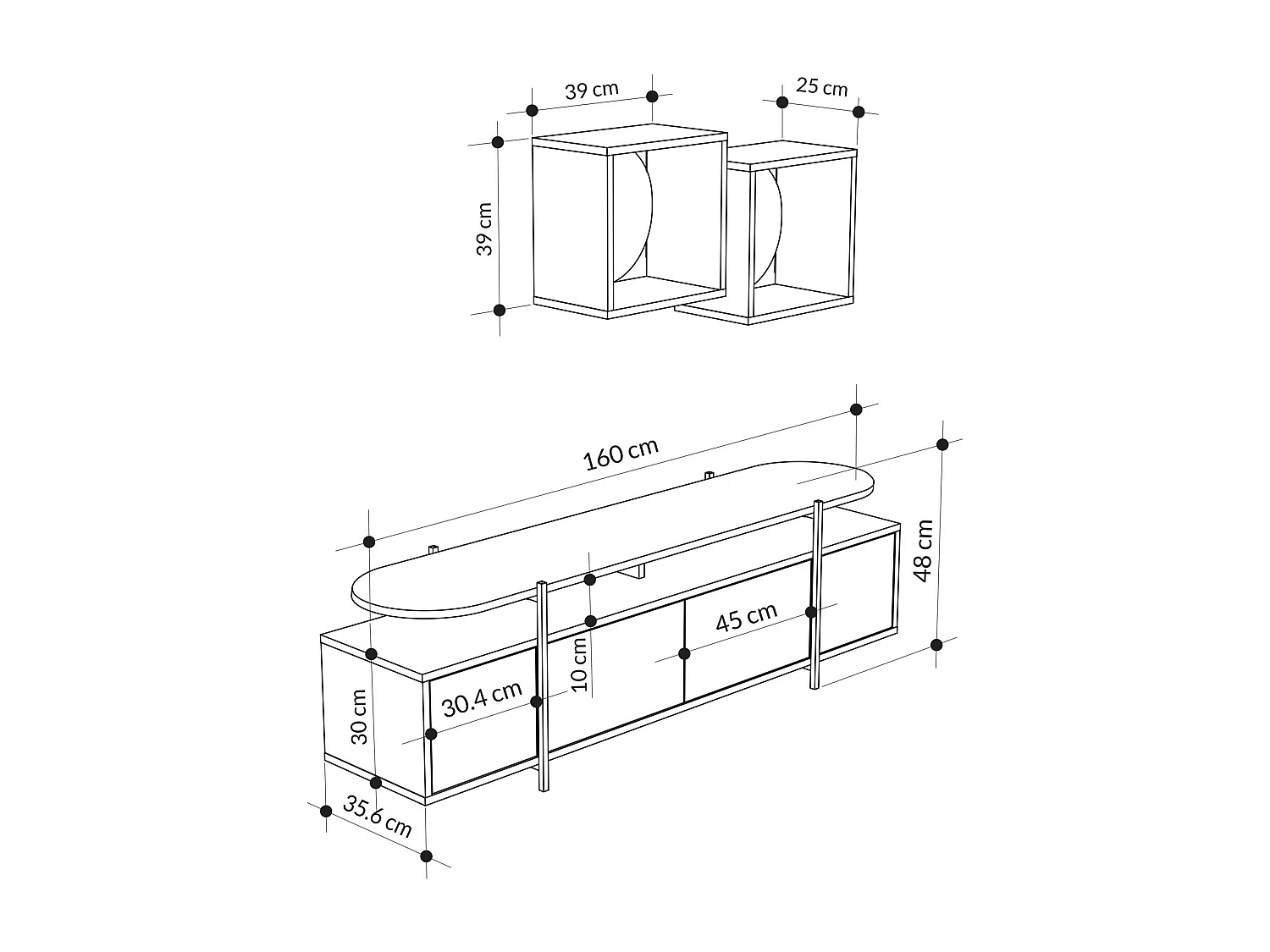 Meuble TV 4 portes battantes et 2 étagères murales Dunant Blanc et Noir effet marbre