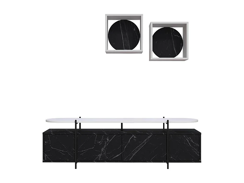 Meuble TV 4 portes battantes et 2 étagères murales Dunant Blanc et Noir effet marbre