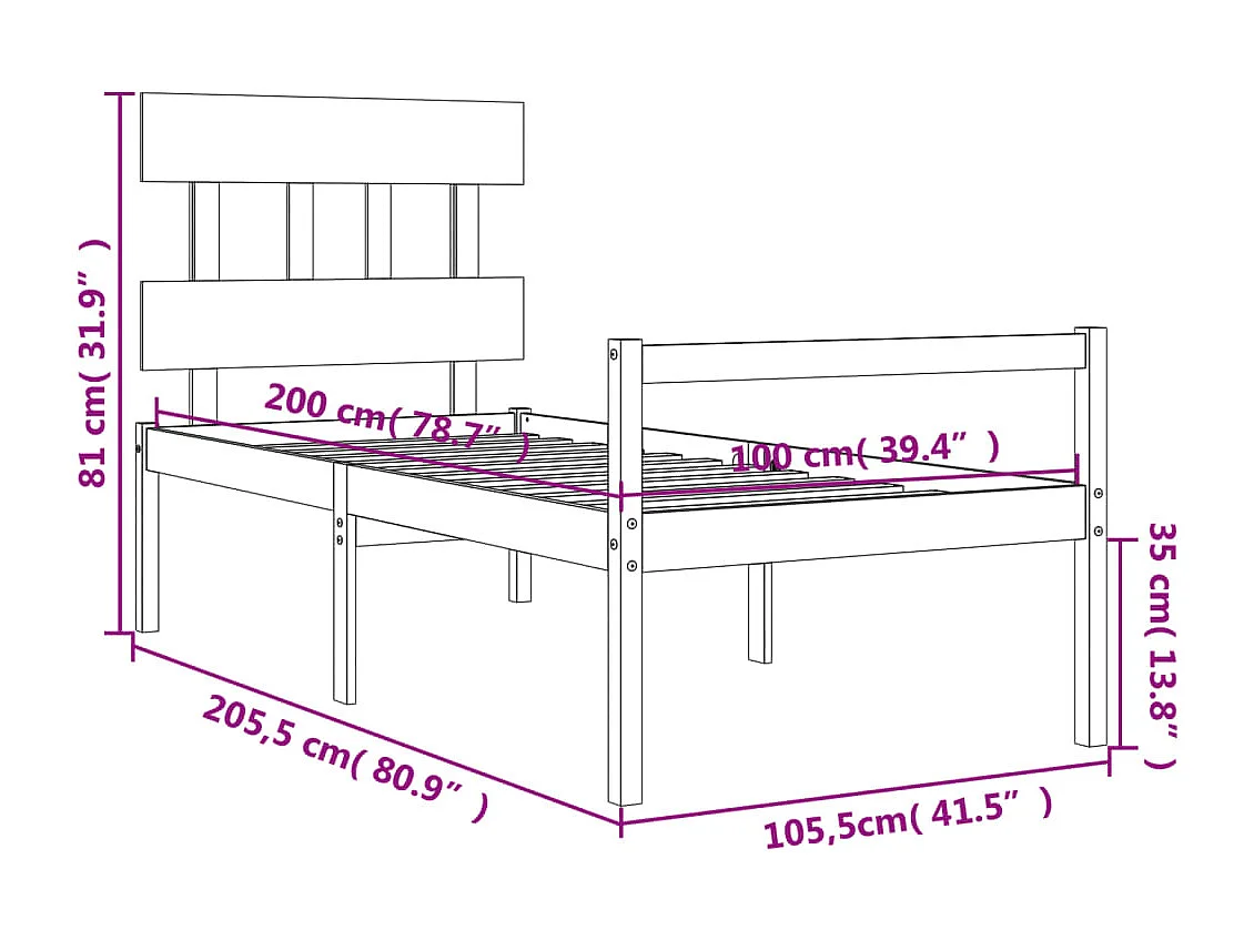 Lit pour personne âgée et tête de lit 100x200 cm bois massif