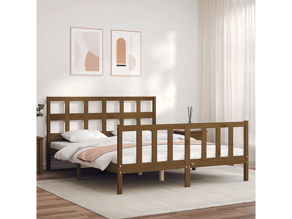 Cadre de lit sans matelas marron miel bois massif