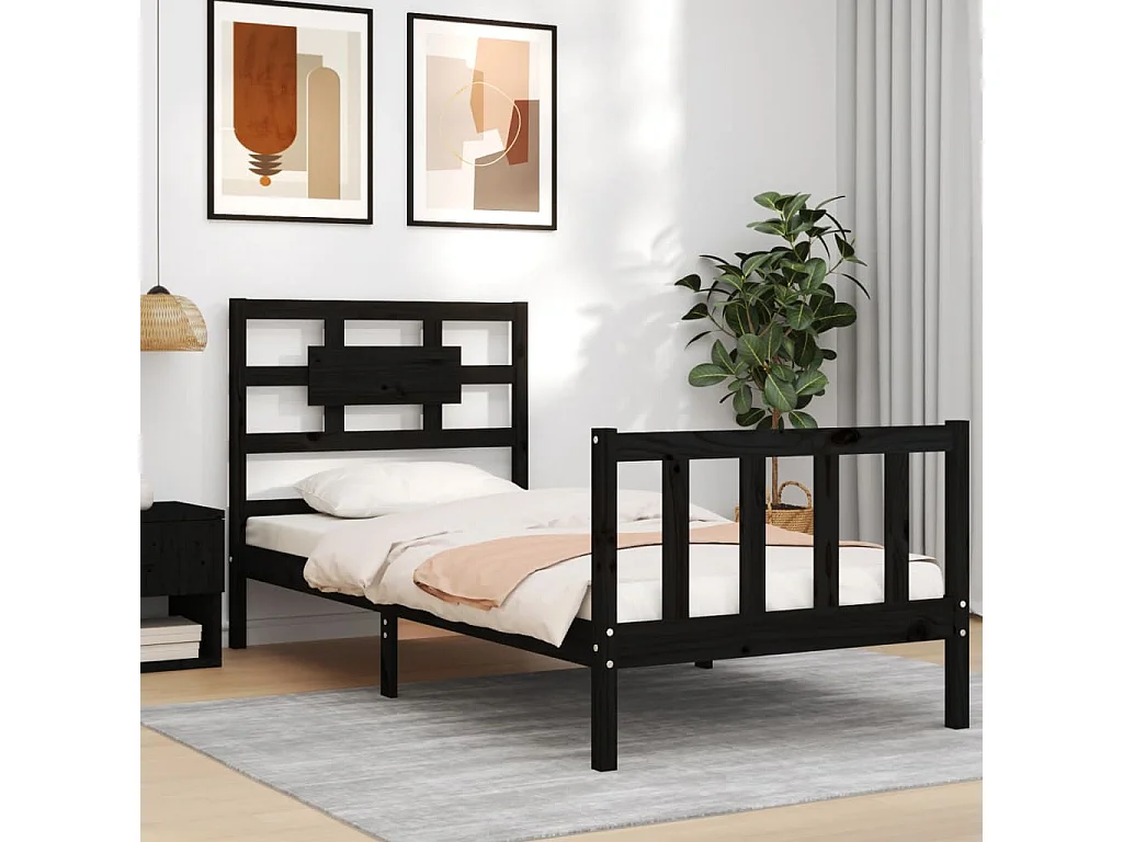 Bedframe met hoofdbord massief hout zwart
