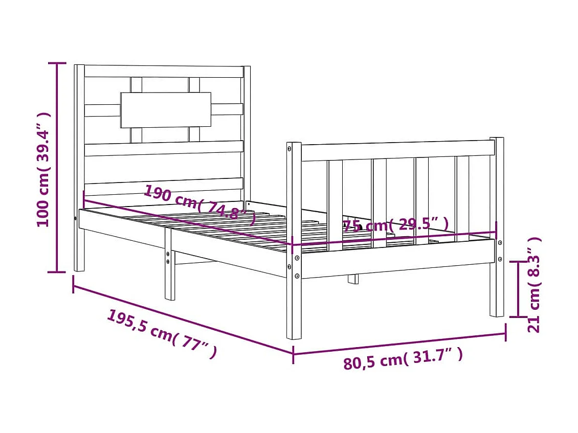 Estructura de cama individual con cabecero madera maciza negro