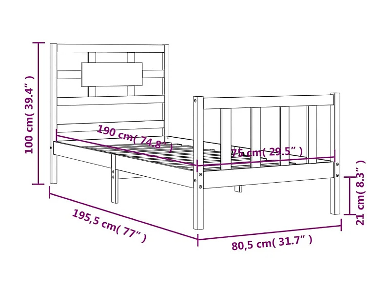 Estructura de cama individual con cabecero madera maciza negro