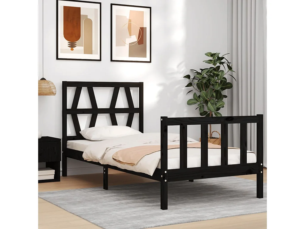 Bedframe met hoofdbord massief hout zwart 100x200 cm