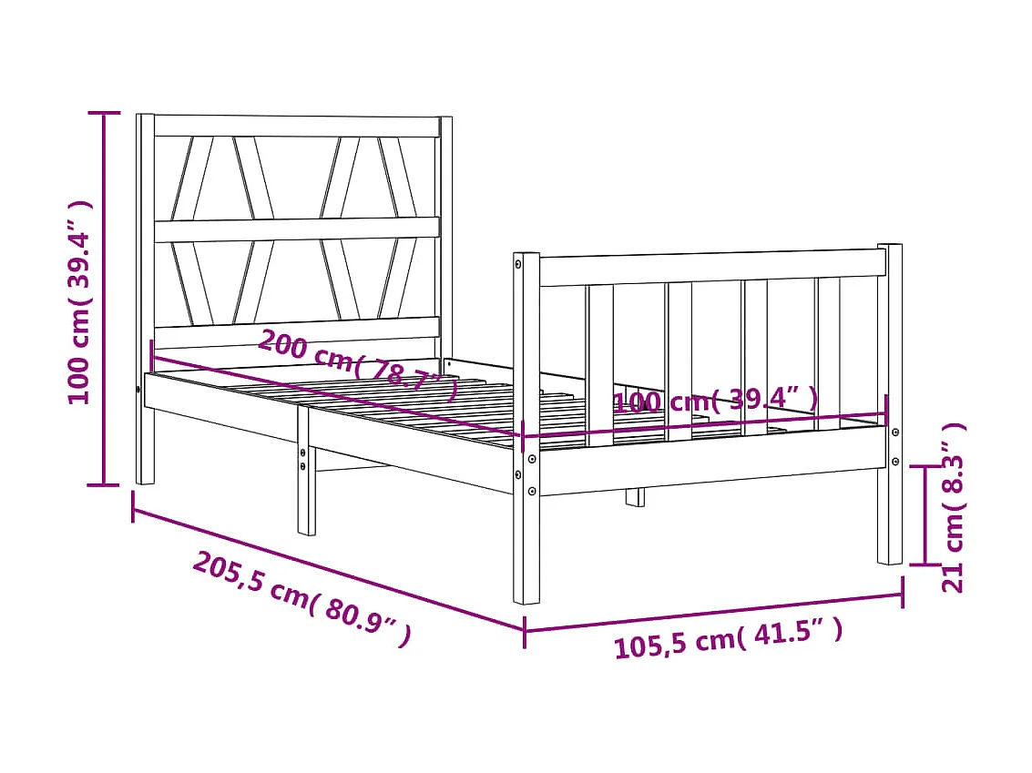 Bedframe met hoofdbord massief hout zwart 100x200 cm