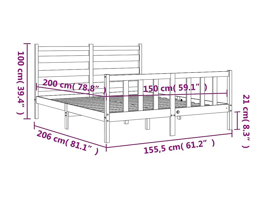 Cadre de lit sans matelas gris bois de pin massif