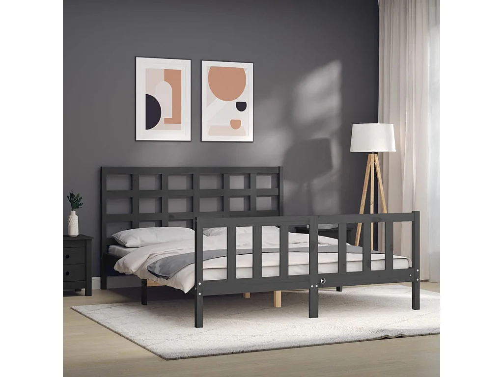 Estrutura de cama King Size com cabeceira madeira maciça cinza