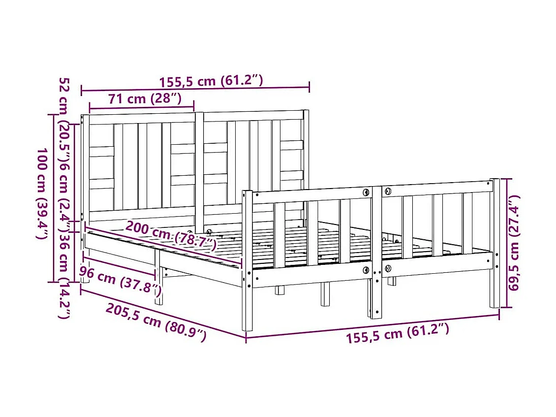 Cadre de lit sans matelas blanc bois de pin massif