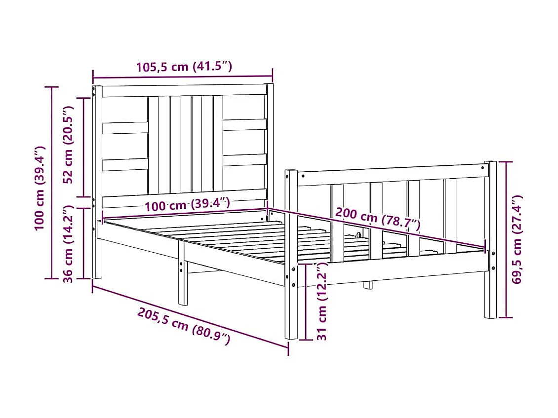 Estrutura de cama com cabeceira 100x200 cm madeira maciça preto