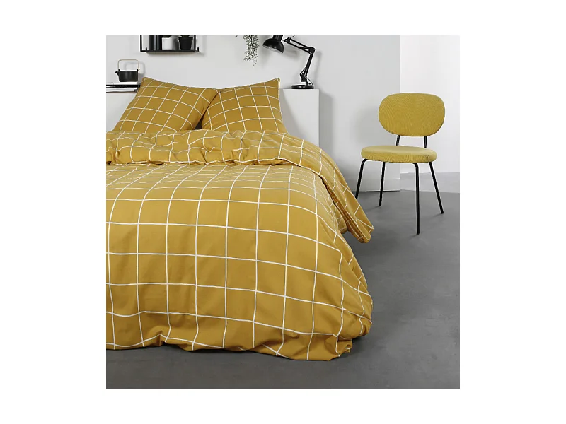 Parure de lit double en coton flanelle imprimé quadrillé - Jaune - 220 x 240 cm