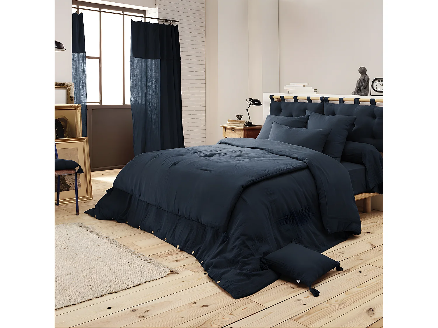 OUREA - Coussin de Tête de Lit avec Passants 50x80cm Gaze de Coton Minuit