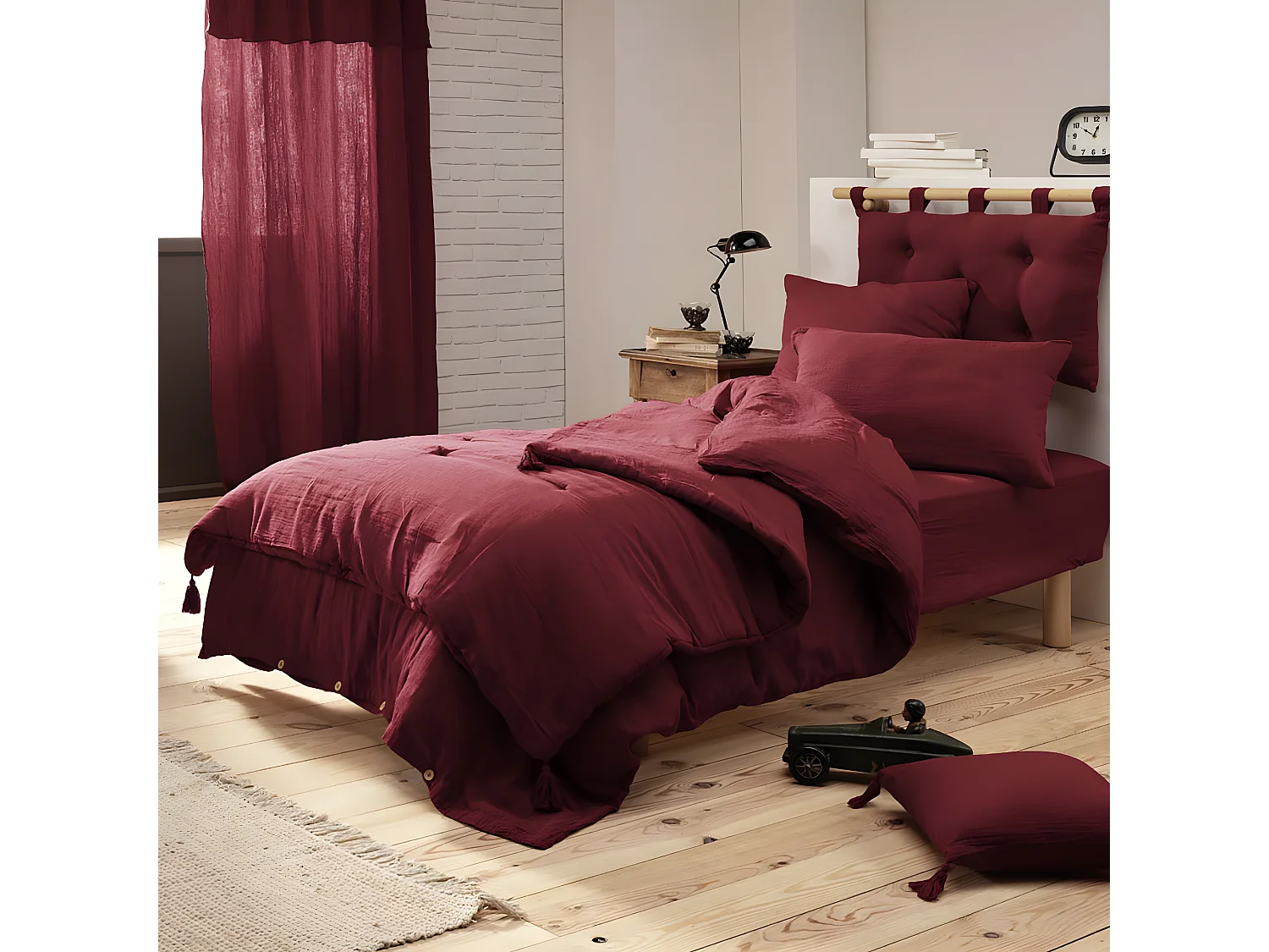 OUREA - Coussin de Tête de Lit avec Passants 50x80cm Gaze de Coton Lie de Vin