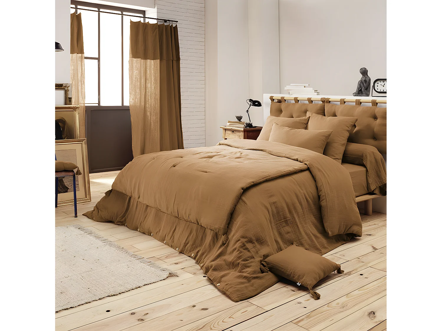 OUREA - Coussin de Tête de Lit avec Passants 50x80cm Gaze de Coton Camel