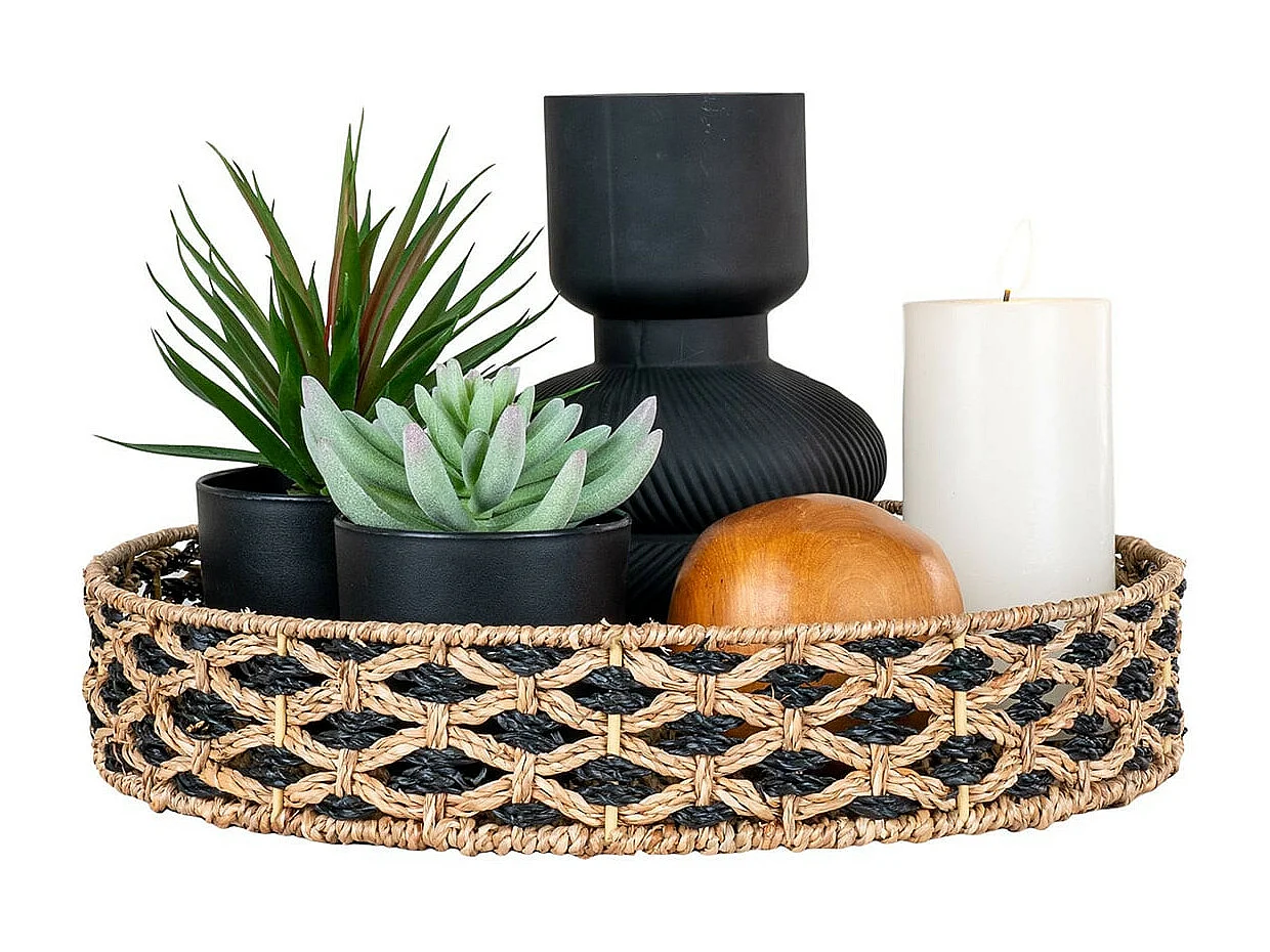 FIBER - Plateau Ethnique Rond Ø38cm en Jonc de Mer Naturel et Noir