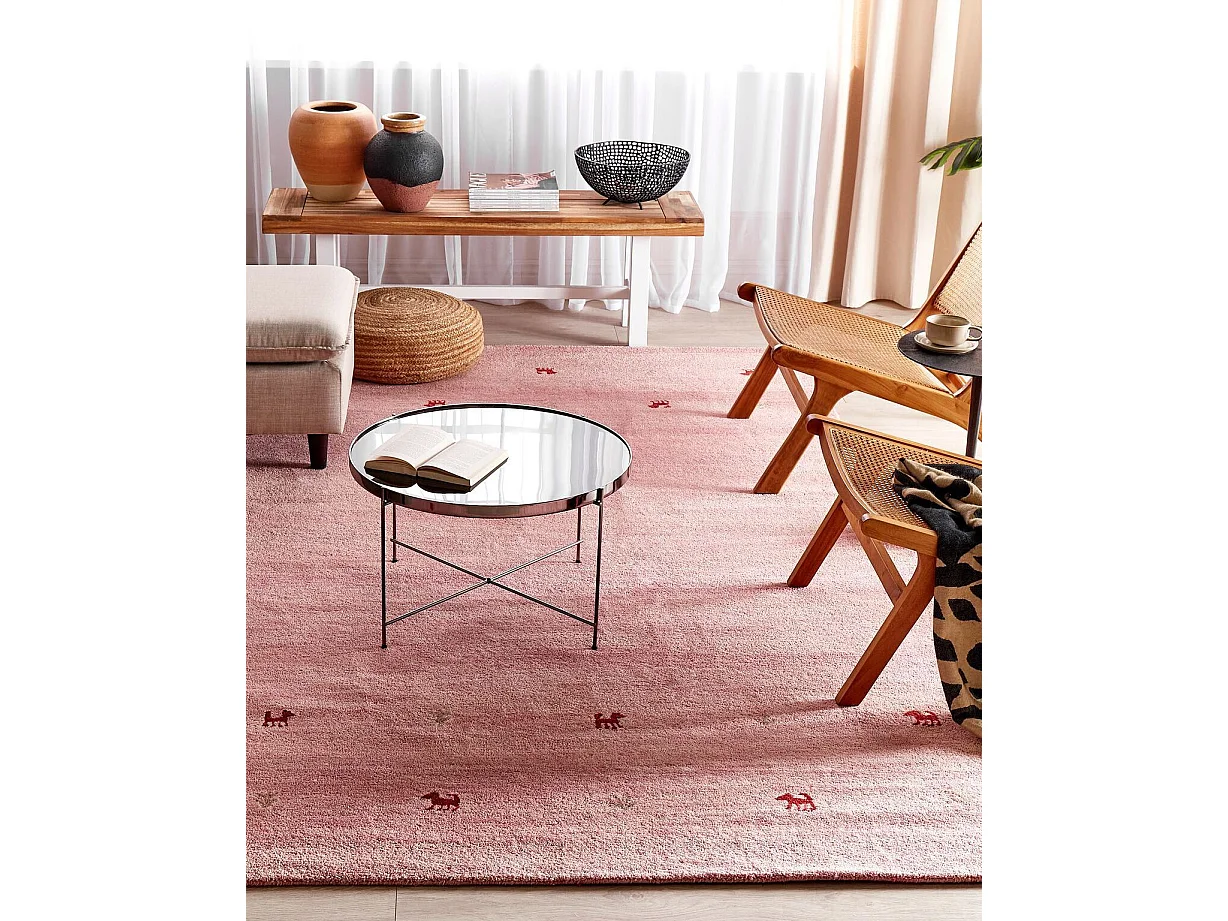 Gabbeh Teppich rosa aus Wolle 200x300 cm Hochflor Westernmotiv Tiermuster weich Yulafi